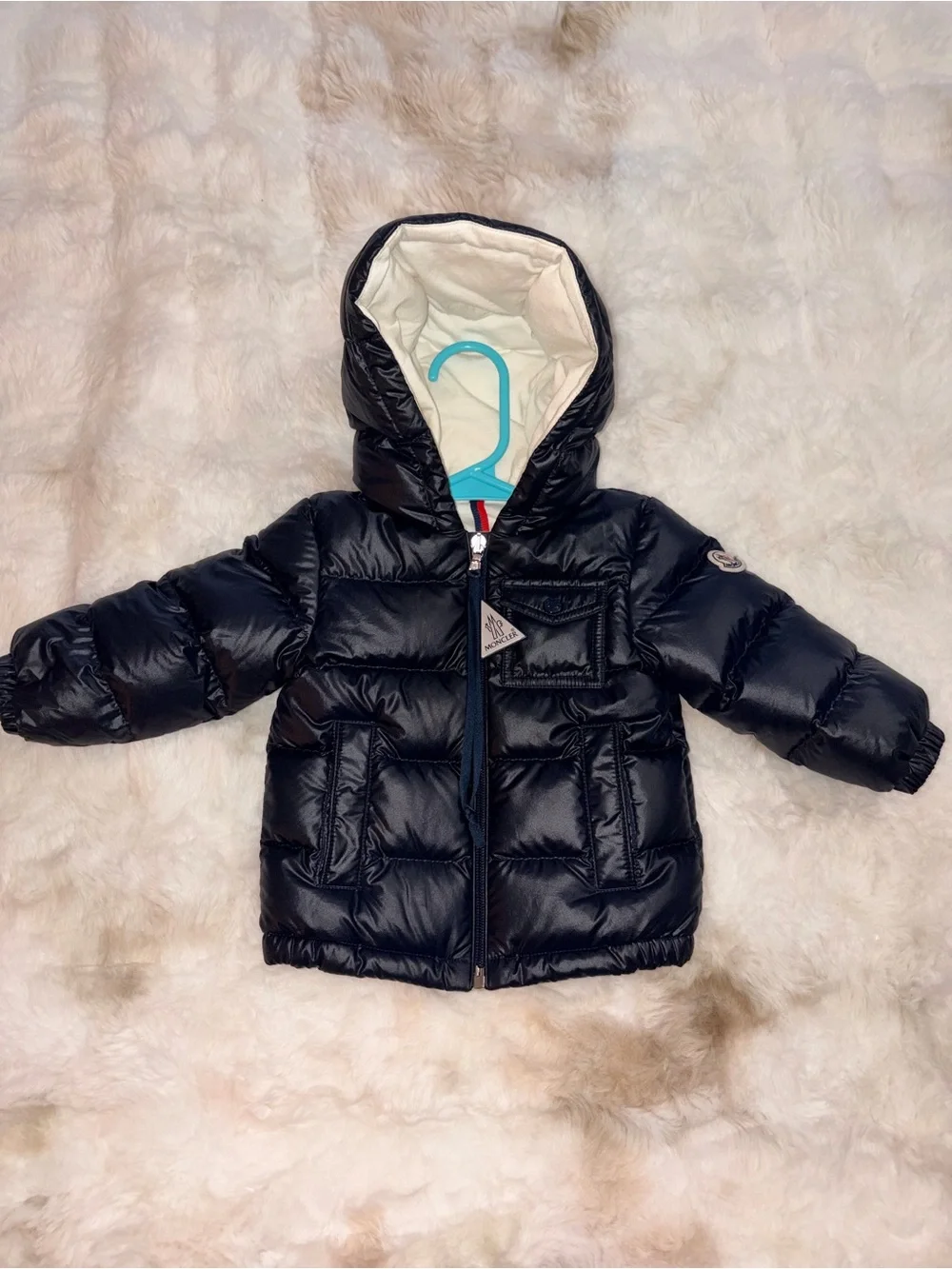 Moncler Black Hooded Kids Puffer Jacket with Cream Lining